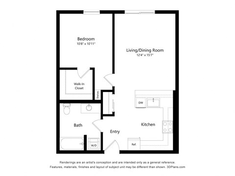 Floor plan for 1 bed, 1 bath, 707 sqft